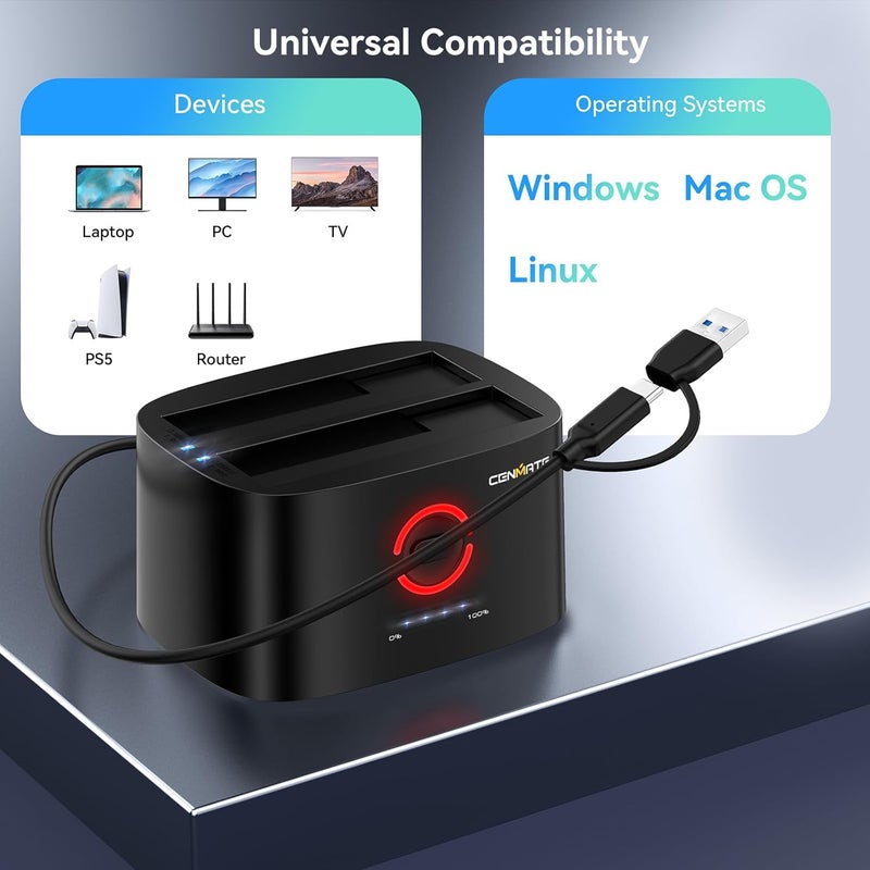 cenmate Dual Bay Hard Drive Docking Station with Offline Clone, USB A/C 3.0 to SATA, Hard Drive Reader for 2.5/3.5 Inch HDD/SSD(Supports 18TB*2, Up to 6Gbps Under UASP) - Image 5